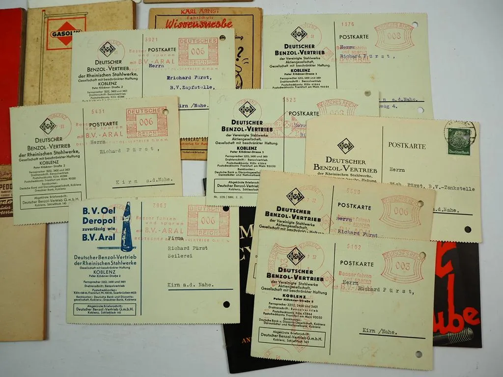 Posten Broschüren Bordbuch Postkarten zum Thema Auto Benzin Öl 1930/50er Jahre