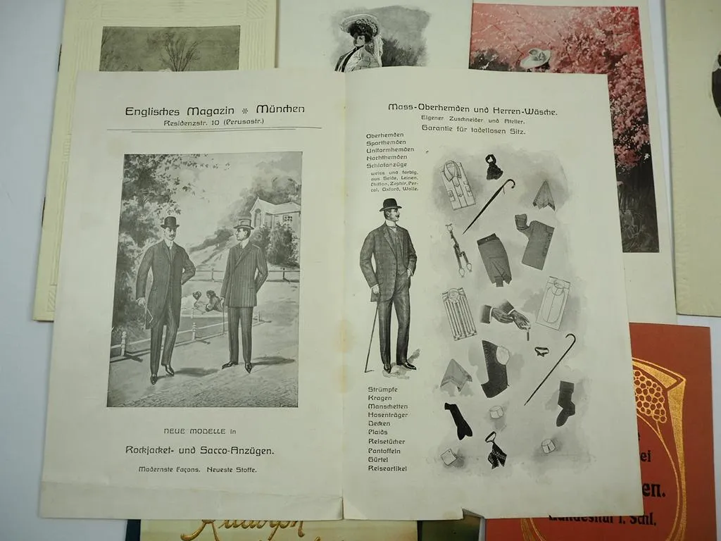 Posten Klappkarten Mode Bekleidungsgeschäfte für Einladungen Werbung Flyer ca. 1905