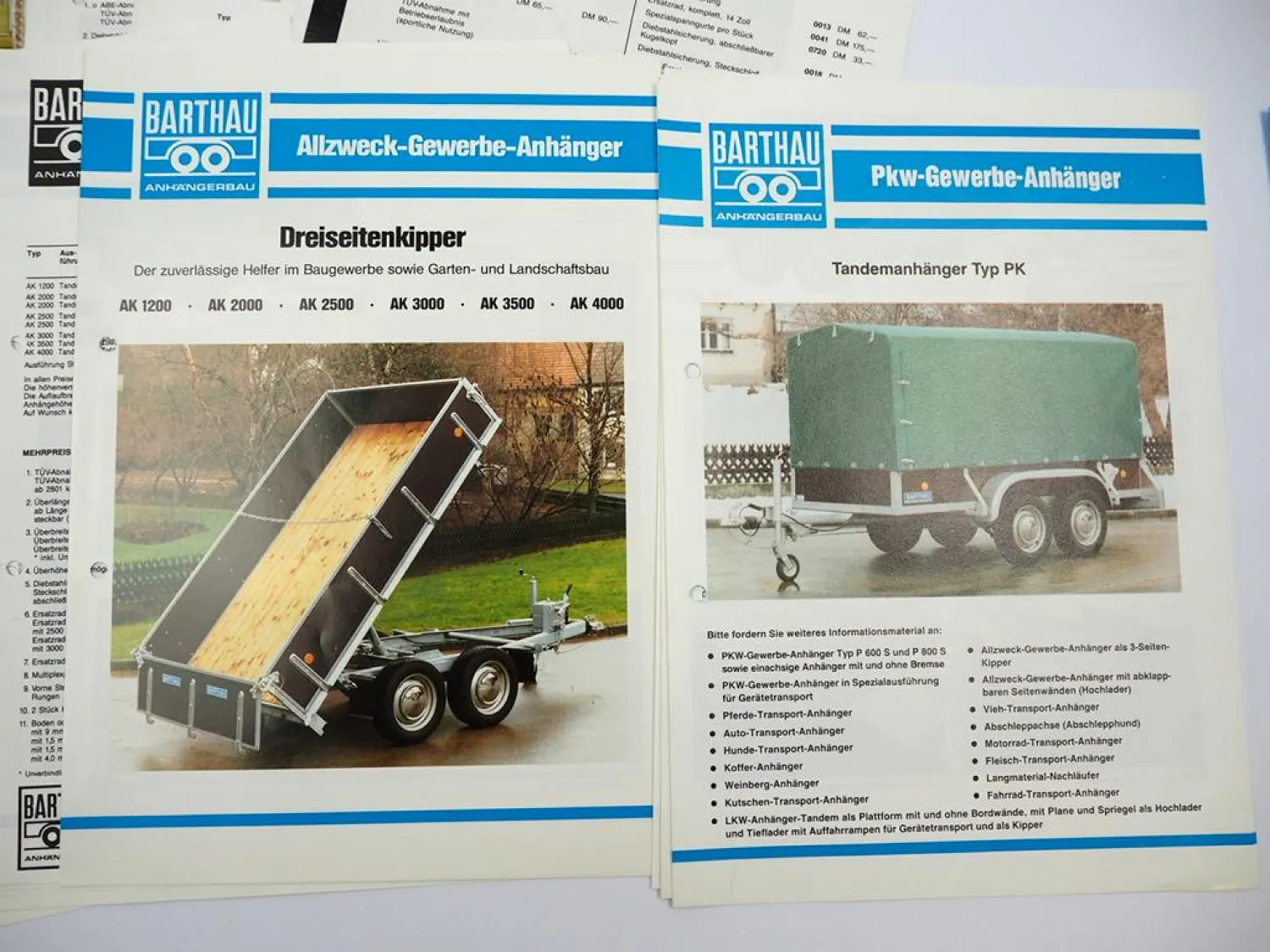Posten Original Prospekte Preislisten Barthau Anhängerbau PKW 1980er Jahre