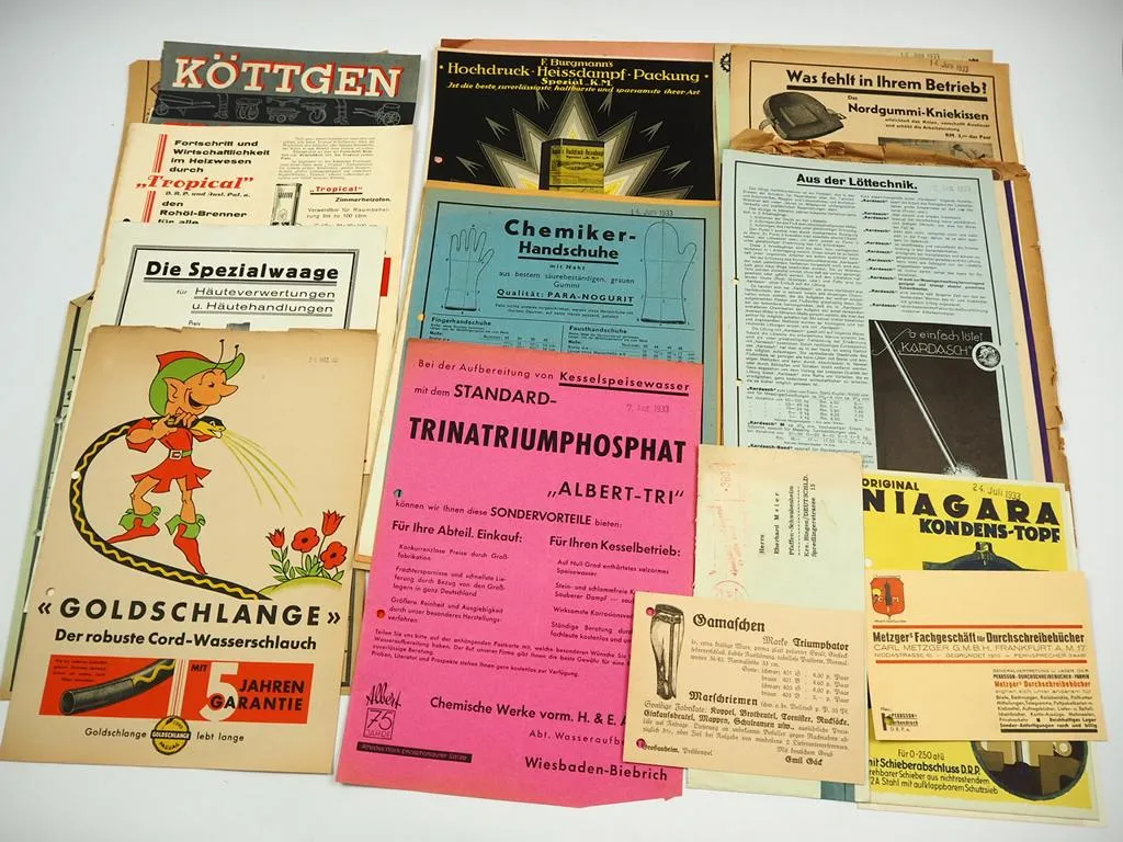 Posten Prospekte Firmenbriefe Gummiwaren Metallwaren ca. 1930er Jahre