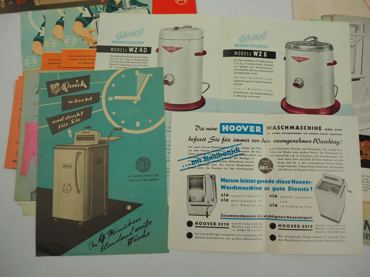 Posten Prospekte Waschmaschinen Küchengeräte Bosch Zanker Hoover 1950er Jahre
