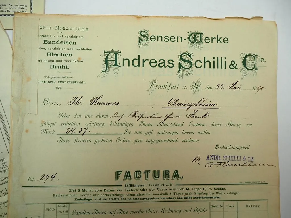 Posten Rechnungen Belege Frankfurt Main 1890 bis 1940