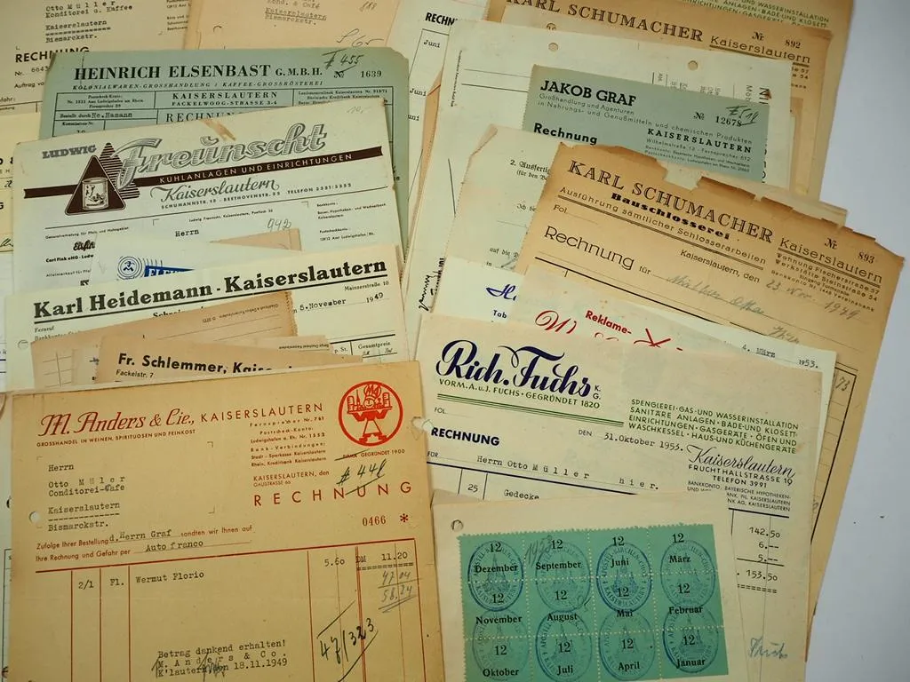 Posten Rechnungen Belege Kaiserslautern Rheinland Pfalz ca. 1940/50er Jahre