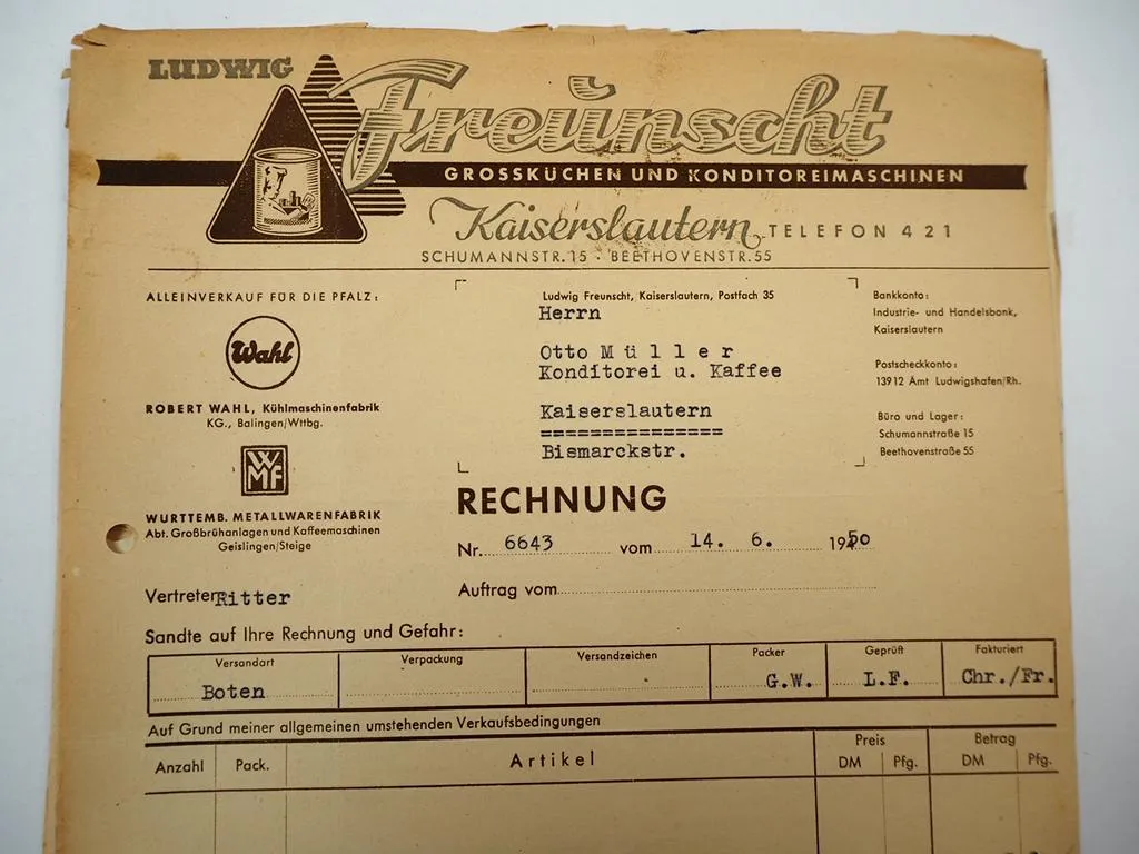 Posten Rechnungen Belege Kaiserslautern Rheinland Pfalz ca. 1940/50er Jahre