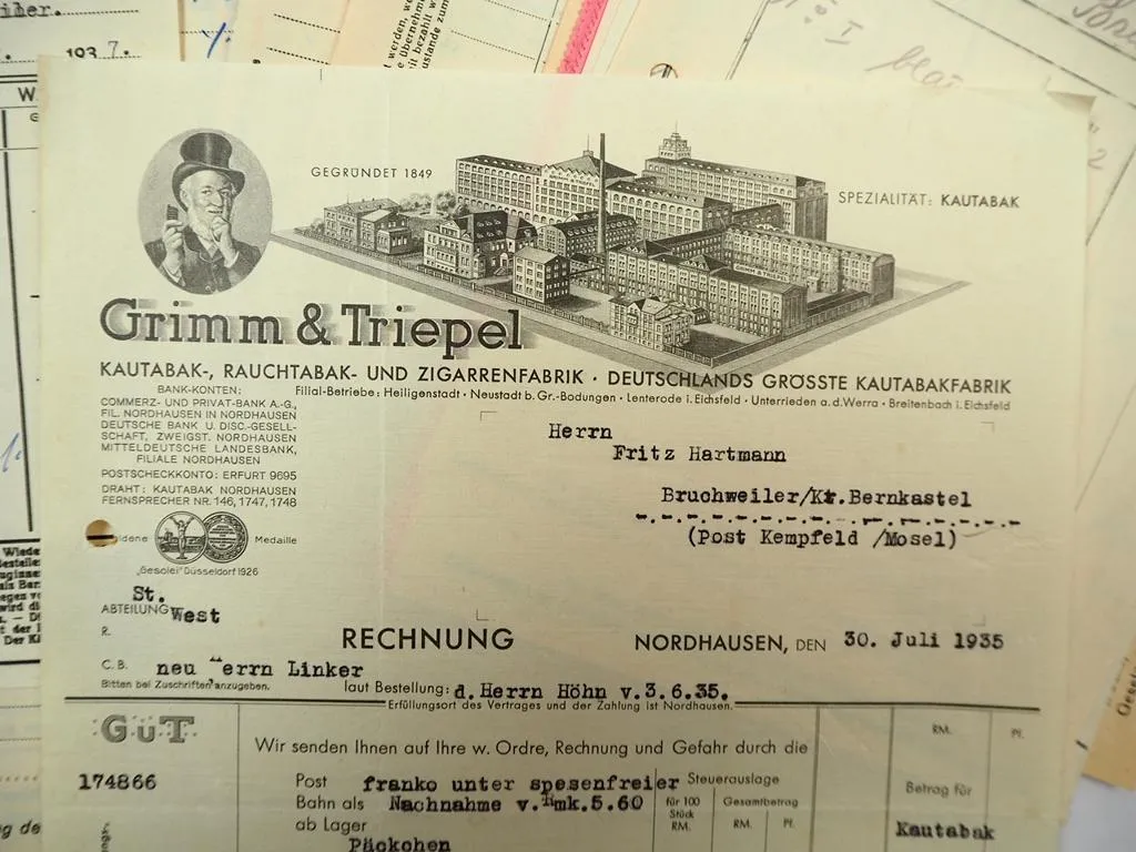 Posten Rechnungen Thema Tabak Zigarren Kautabak Fabrik 1930er Jahre