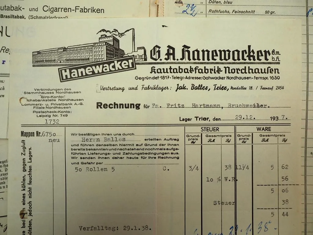 Posten Rechnungen Thema Tabak Zigarren Kautabak Fabrik 1930er Jahre