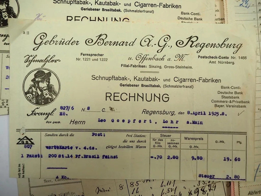 Posten Rechnungen Thema Tabak Zigarren Kautabak Fabrik 1930er Jahre