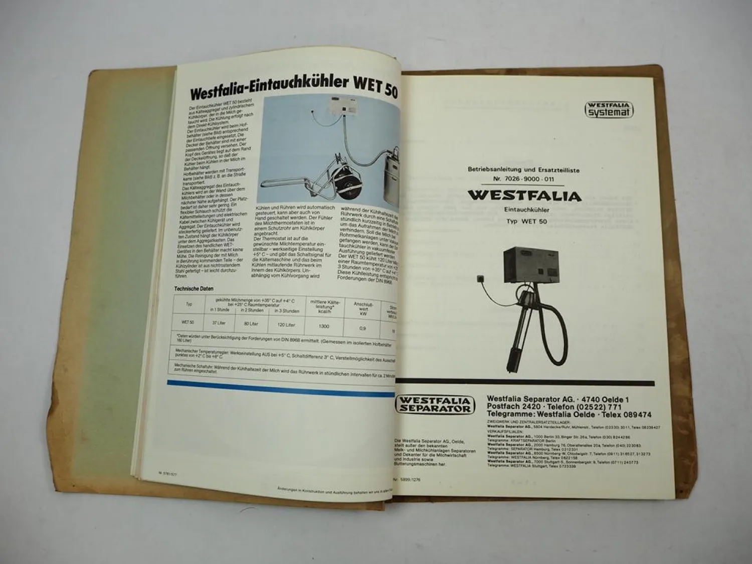 Posten Westfalia Milchkühlanlagen Betriebsanleitung ETL Prospekt 1970er Jahre