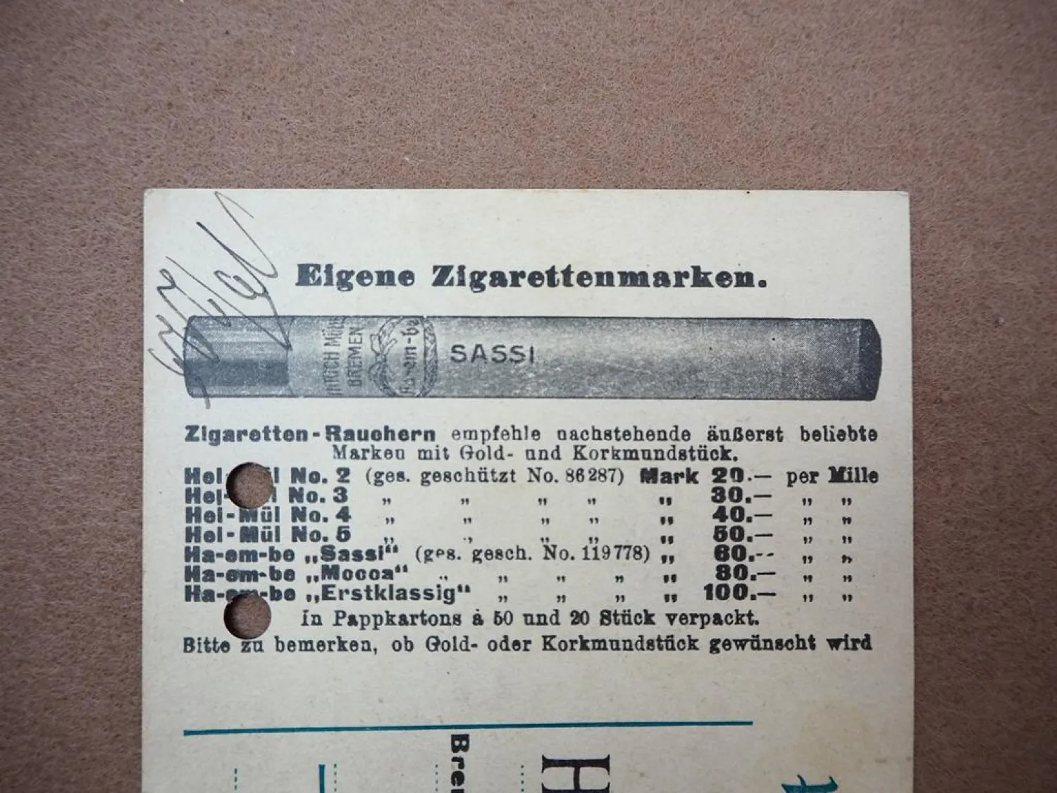 Postkarte Heinrich Müller Zigaretten Fabrik Bremen eigene Marke Hel-Mül ca. 1915
