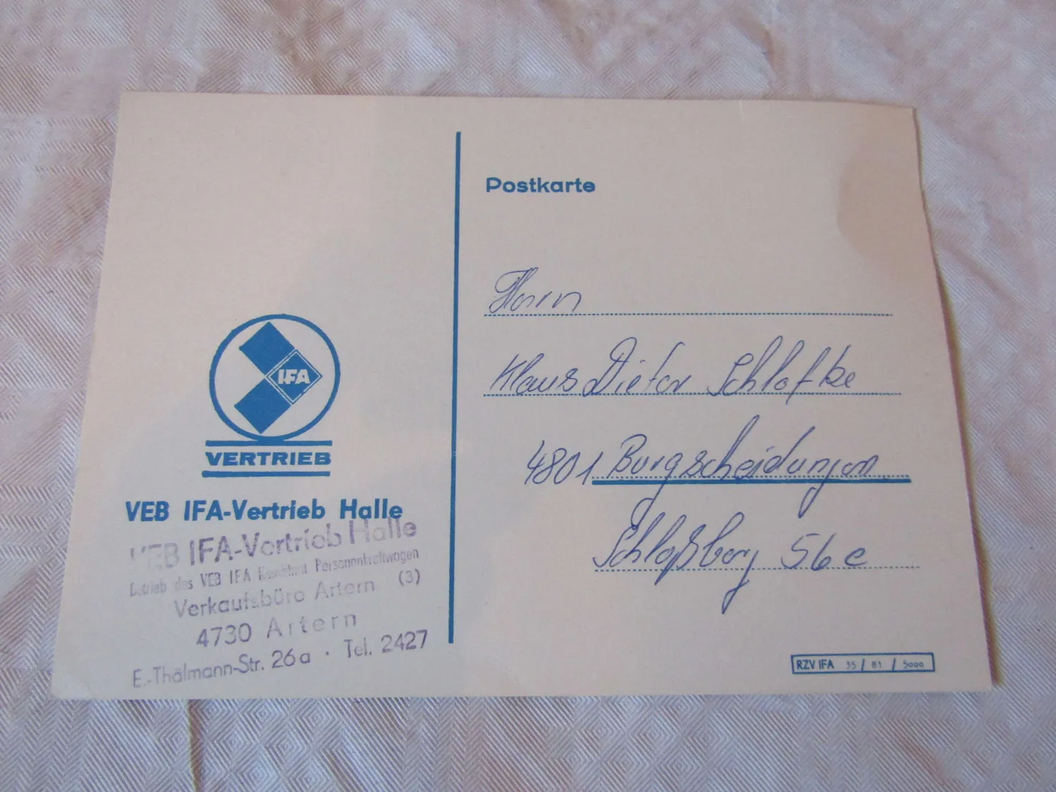 Postkarte Unterlage zur Bestellung eines PKW Skoda 105S DDR VEB IFA Halle Saale