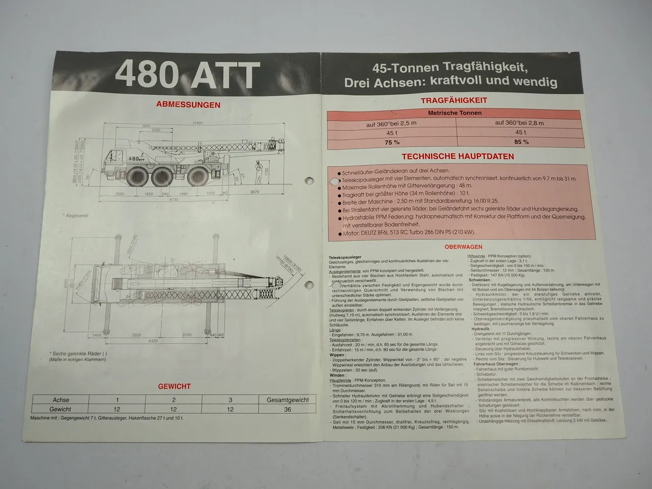 Potain Poclain PPM 480 ATT Mobilkran Autokran 45t Tragfähigkeit Prospekt 1992