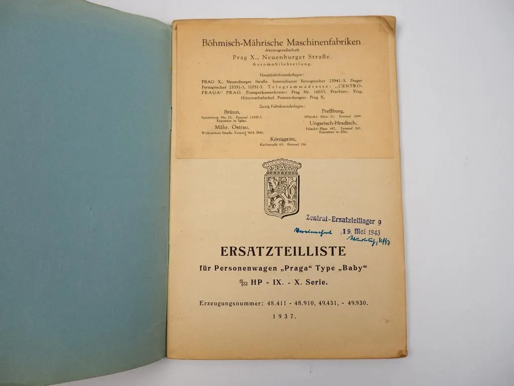 Praga Baby PKW Serie 9 10 Ersatzteilliste Ersatzteilverzeichnis 1937
