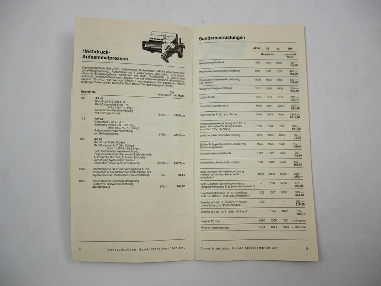 Preisliste 138 ab 1984 Welger Aufsammelpresse Ballenwerfer Scheibenmähwerke
