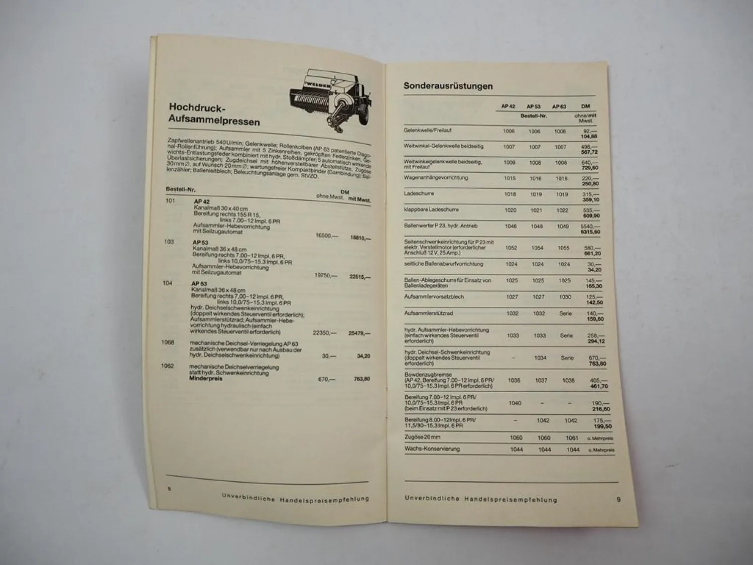Preisliste 139 ab 1985 Welger Aufsammelpresse Ballenwerfer Scheibenmähwerke