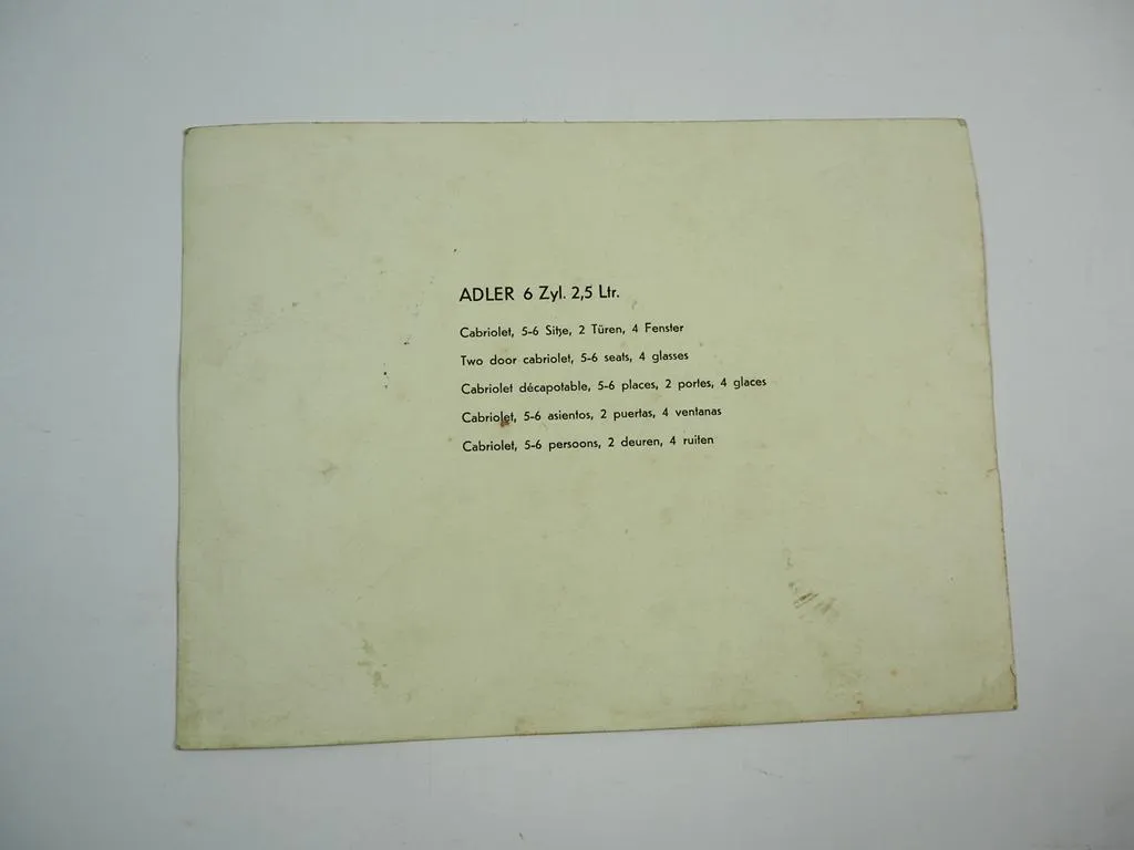 Pressefoto Adler Typ 10 6 Zylinder 2.5 Liter ca. 1939 original Werksfoto