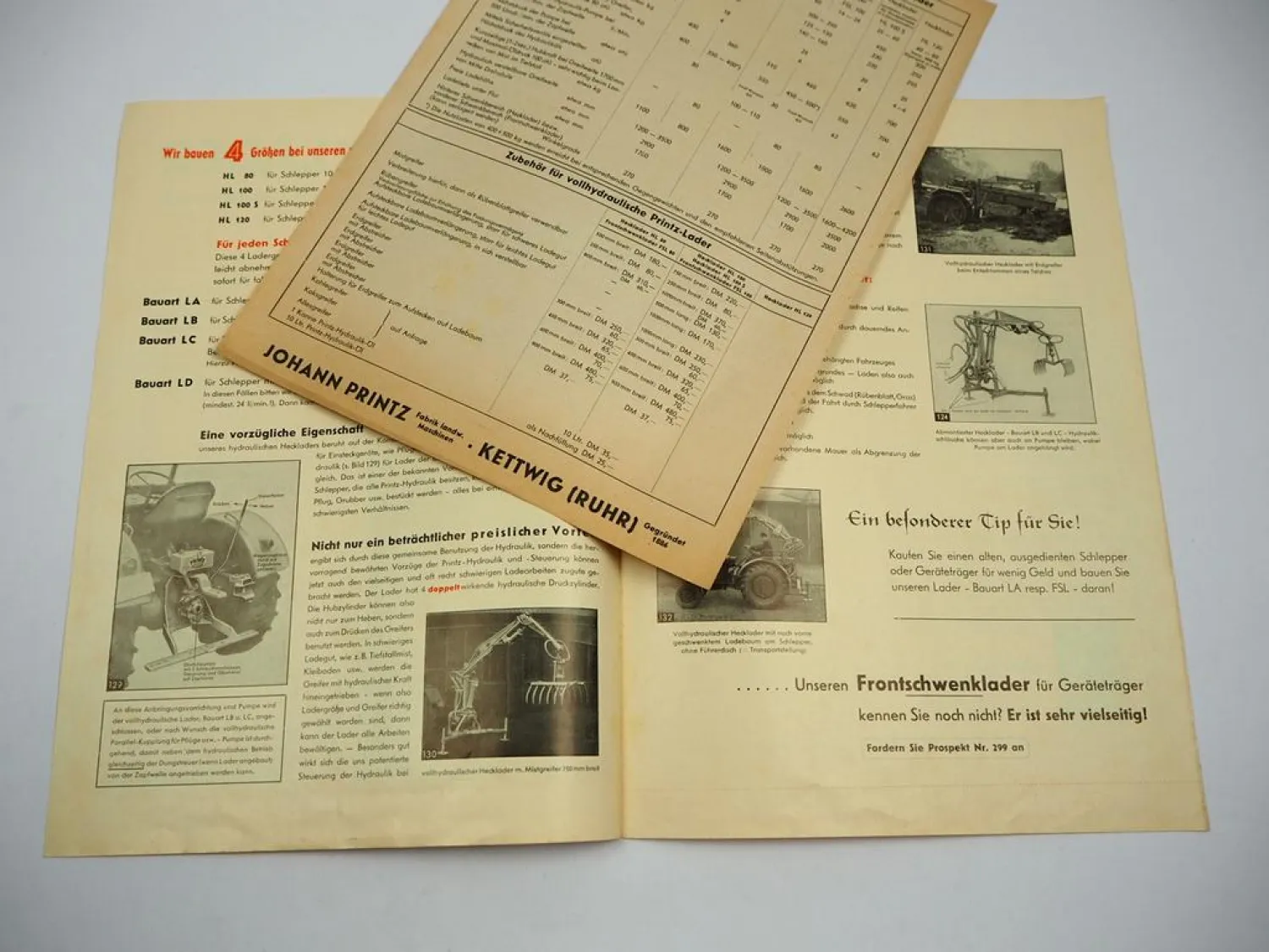 Printz HL 80 100 S 120 Hecklader vollhydraulisch Prospekt 1958 Kettwig
