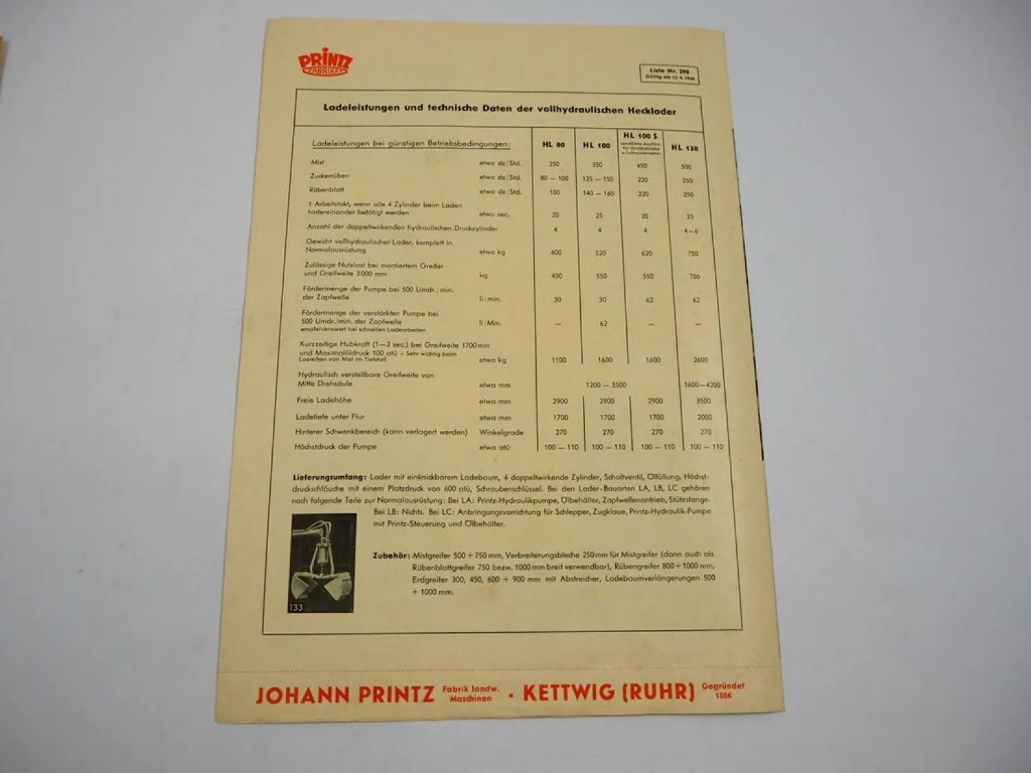 Printz HL 80 100 S 120 Hecklader vollhydraulisch Prospekt 1958 Kettwig