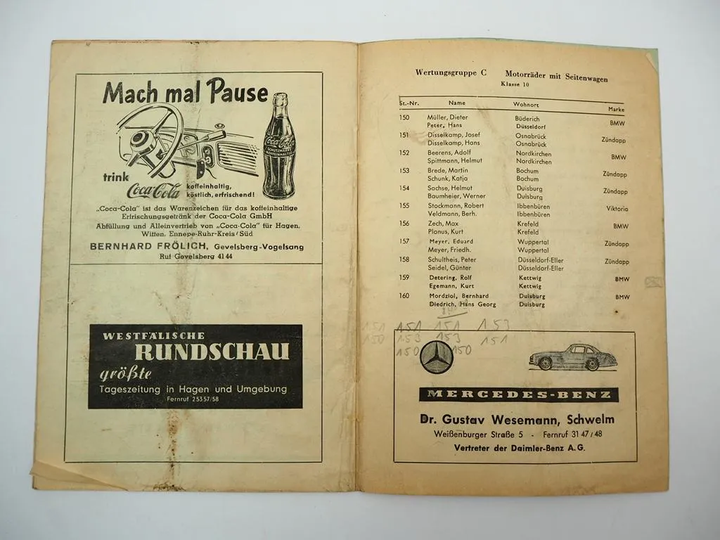 Programmheft Fahrt Rund um Ennepetal Motorrad Rennen 1959 Nordrhein Westfalen