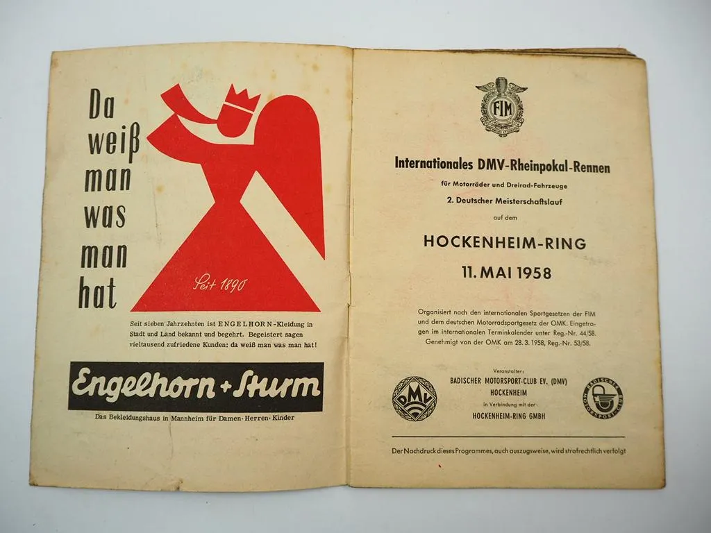 Programmheft Hockenheim Internationales DMV Rheinpokal Rennen Motorrad 1958