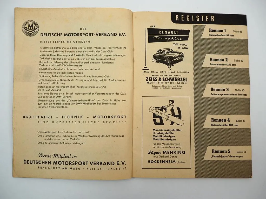 Programmheft Hockenheim Internationales DMV Rheinpokal Rennen Motorrad 1960
