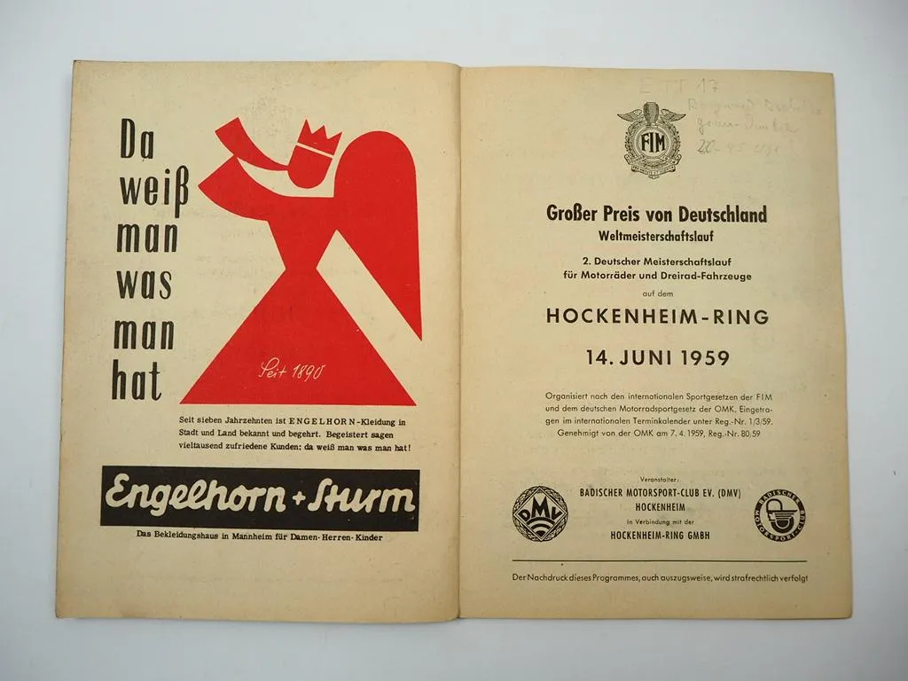 Programmheft Hockenheim Internationales Rheinpokal Rennen Motorrad 1959