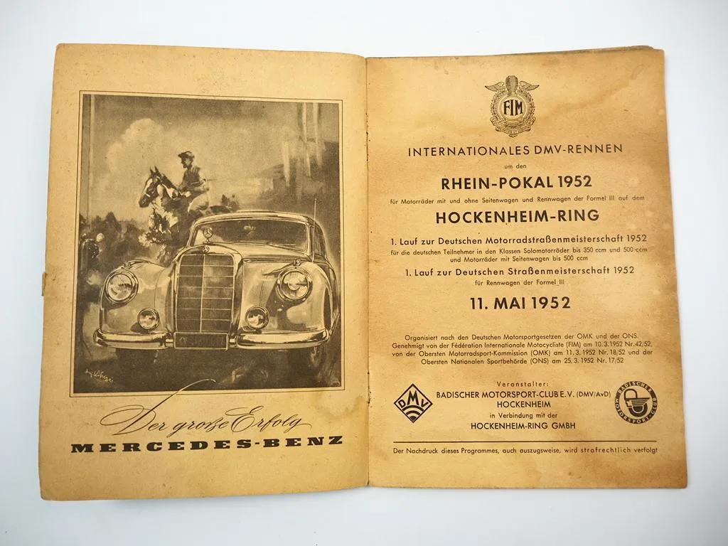 Programmheft Hockenheimring Internationales DMV Rheinpokal Rennen Motorrad 1952