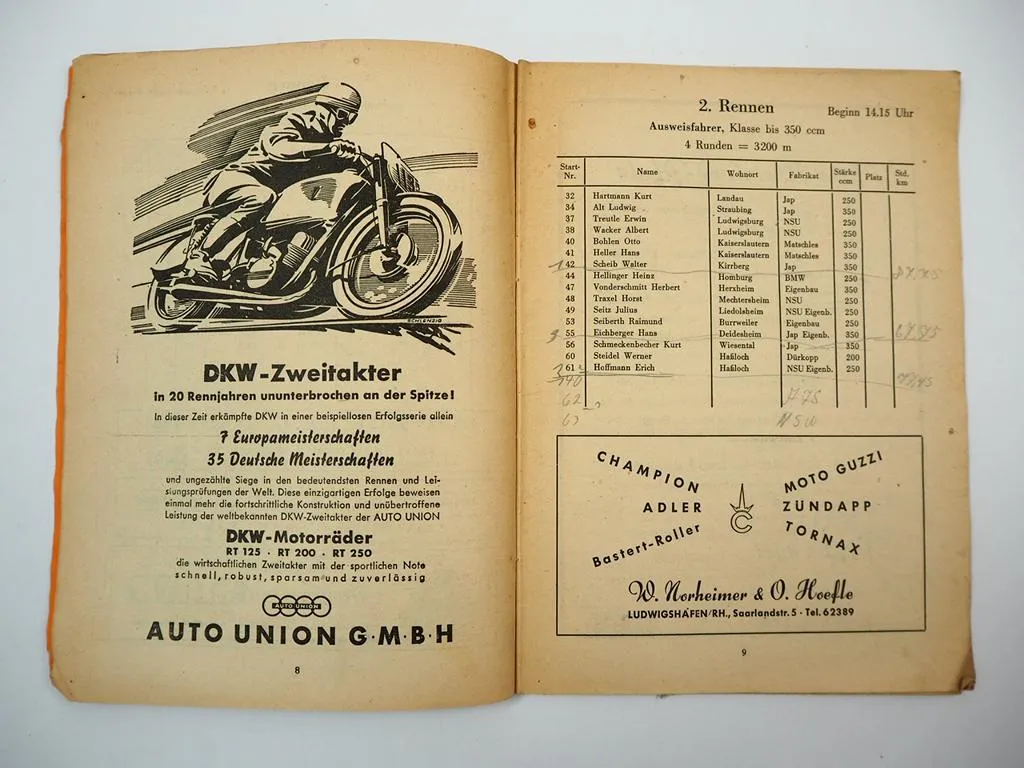 Programmheft Intermationales Sandbahn Rennen Herxheim bei Landau Motorrad 1953