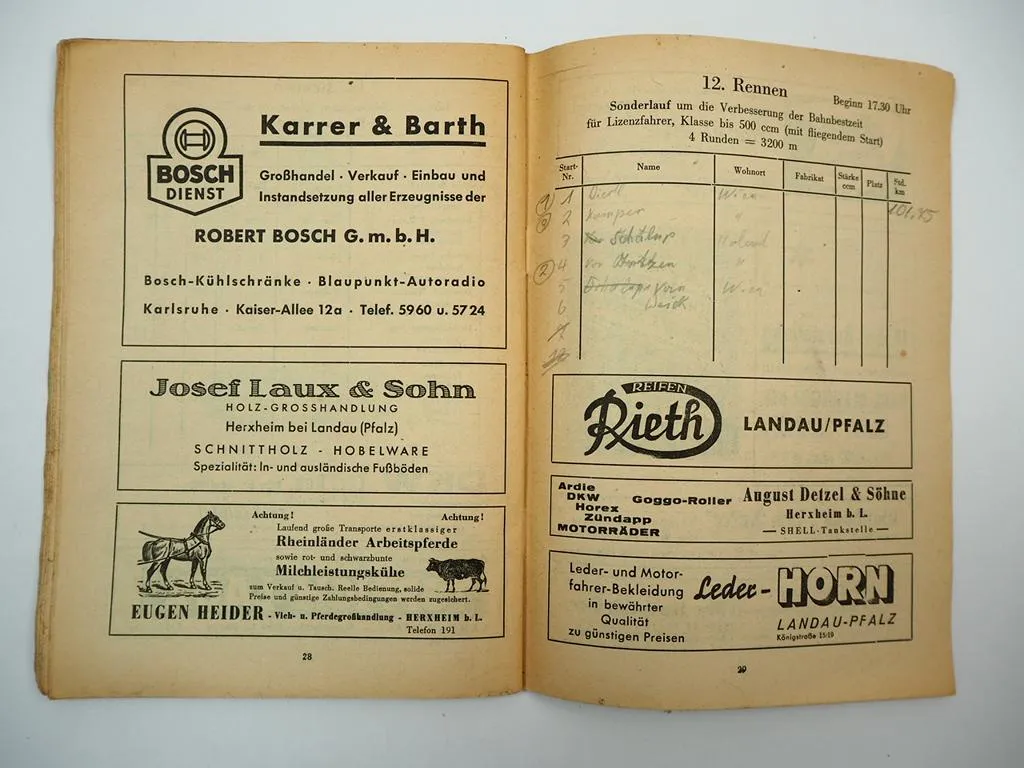 Programmheft Intermationales Sandbahn Rennen Herxheim bei Landau Motorrad 1953