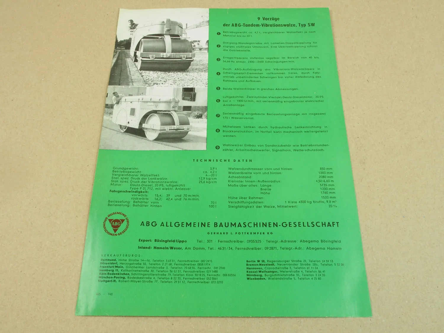 Prospekt ABG Vibrations Tandemwalze Typ SW 4,2 - 20t von 1960