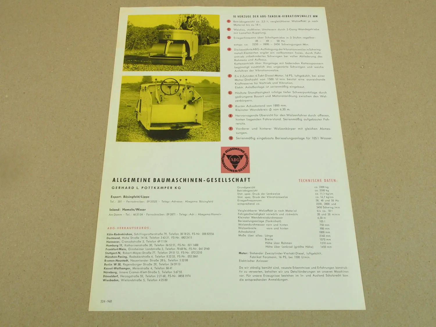 Prospekt ABG Vibrationswalze Typ MW 2,5t von 1960