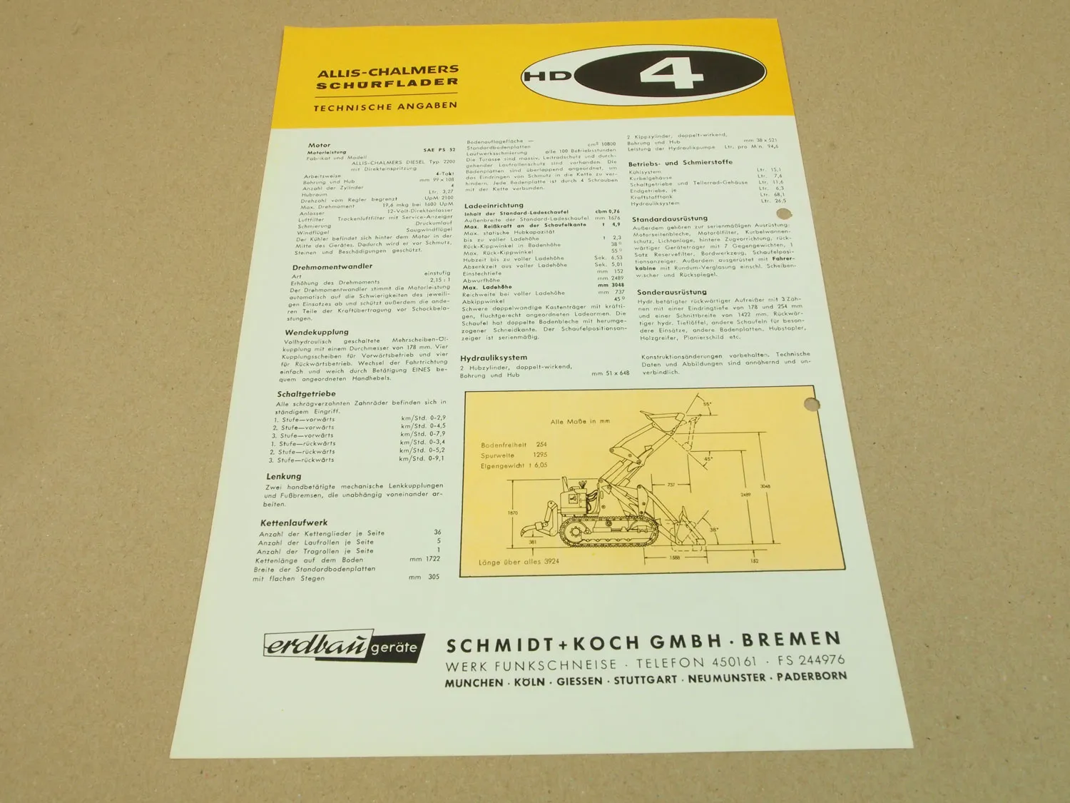 Prospekt AC Allis Chalmers HD4 Schürflader mit 52 PS wohl 50/60er Jahre