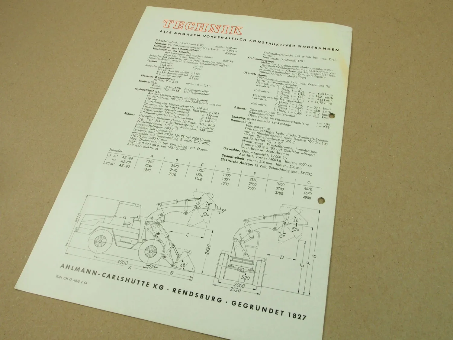 Prospekt Ahlmann A110 Radlader Schwenklader mit 110 PS Deutz Motor von 1964