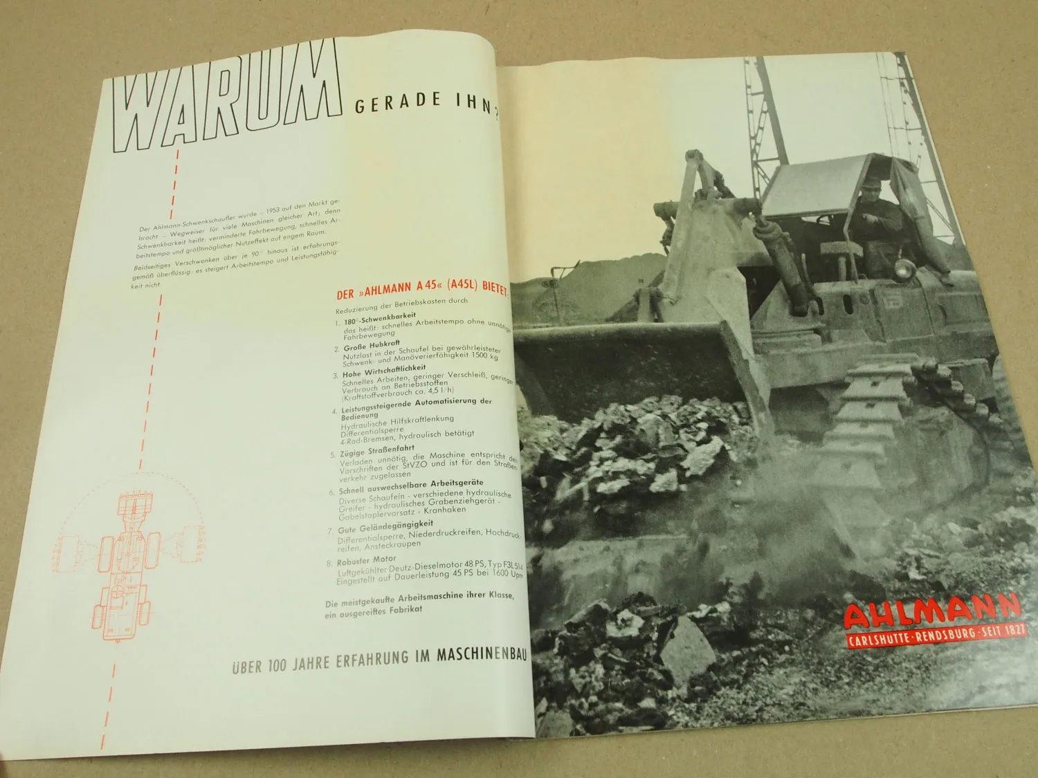 Prospekt Ahlmann Schwenklader A45 A60 Allrad Schaufeln Grabengeräte von 1962