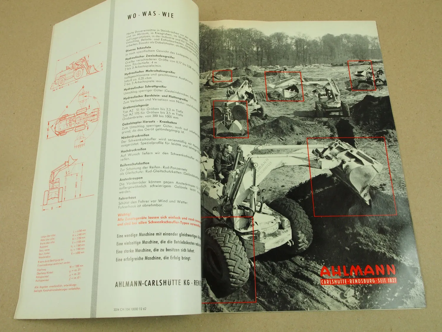 Prospekt Ahlmann Schwenklader A45 A60 Allrad Schaufeln Grabengeräte von 1962