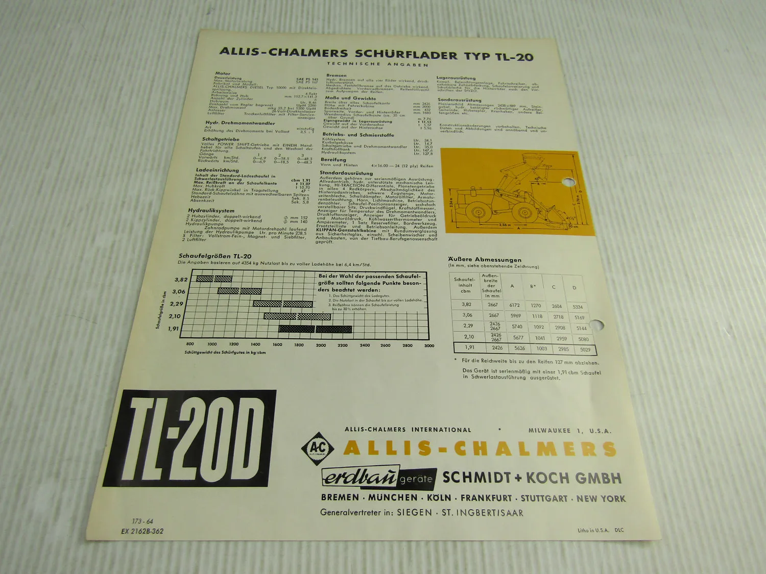 Prospekt Allis Chalmers TL20D Schürflader 145 PS mit Ladeschaufel 1964