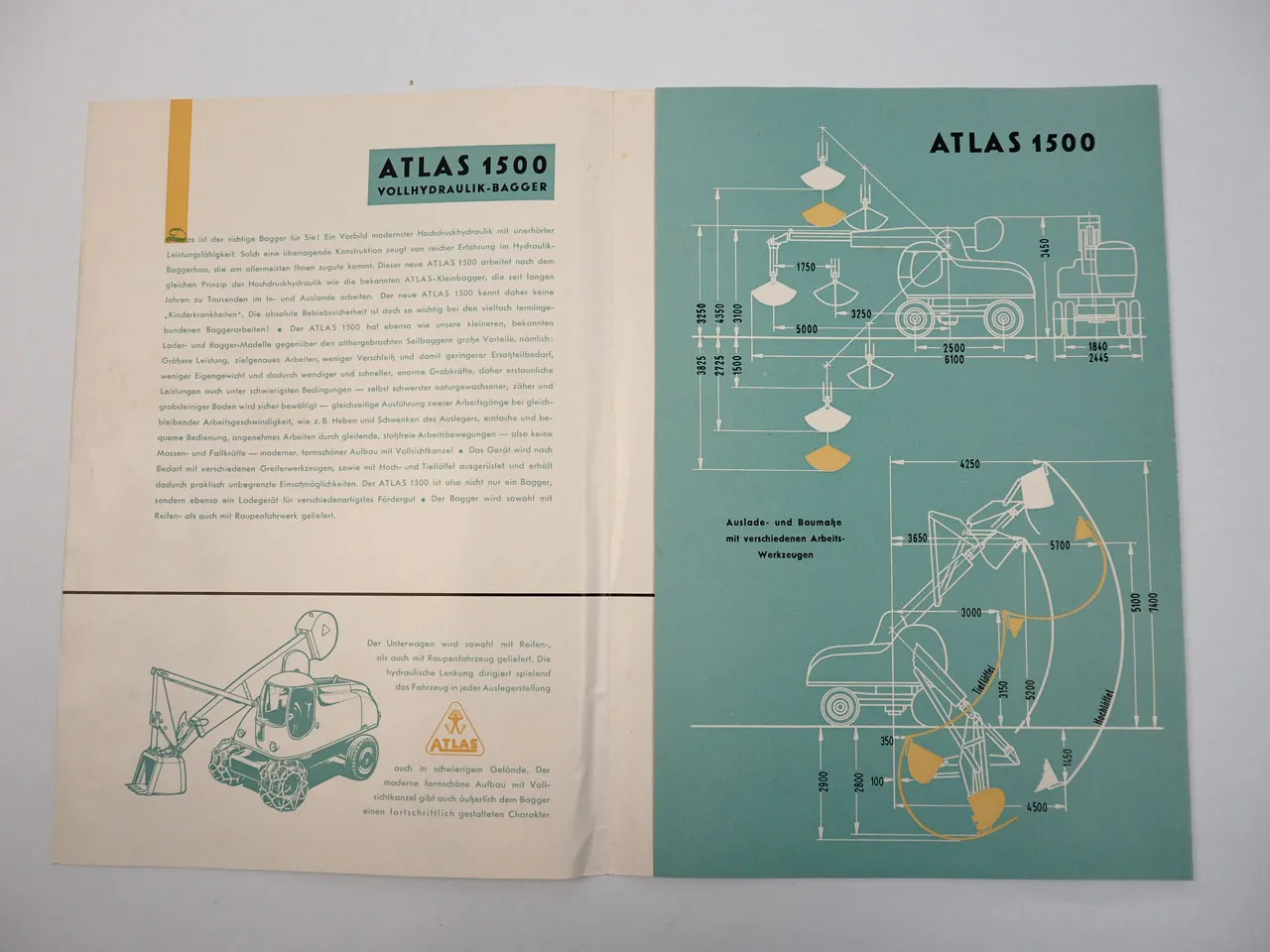Prospekt Atlas 1500 Vollhydraulik Bagger und Lader 1956