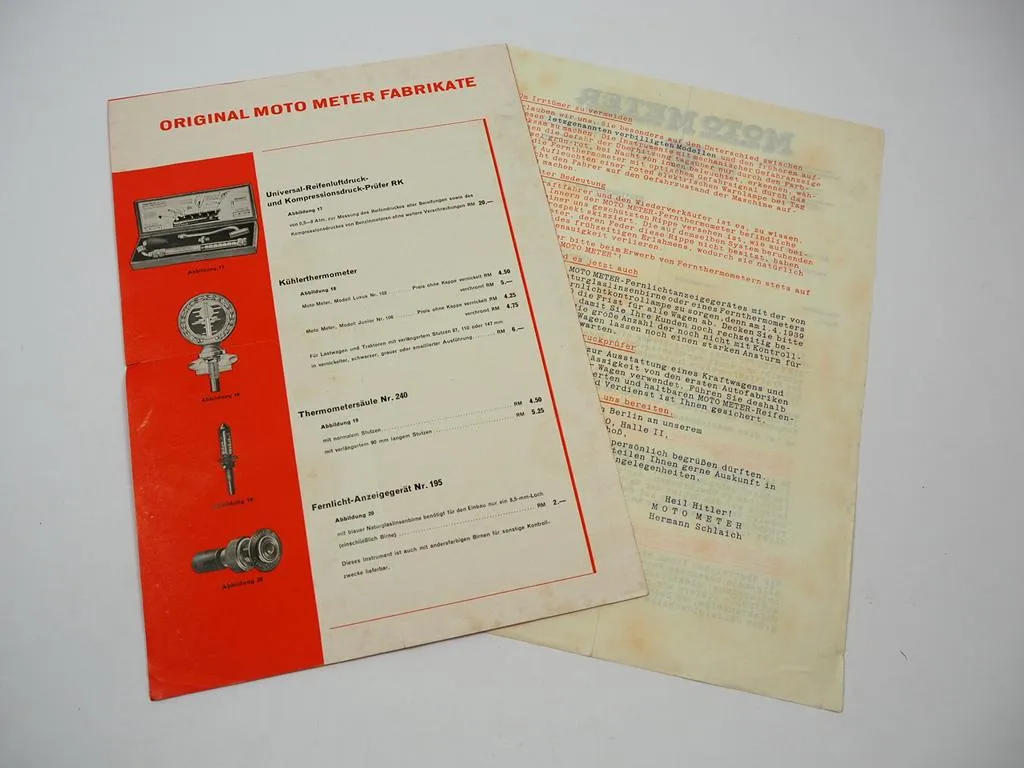Prospekt Auto MotoMeter H. Schlaich Stuttgart Thermometer 1939