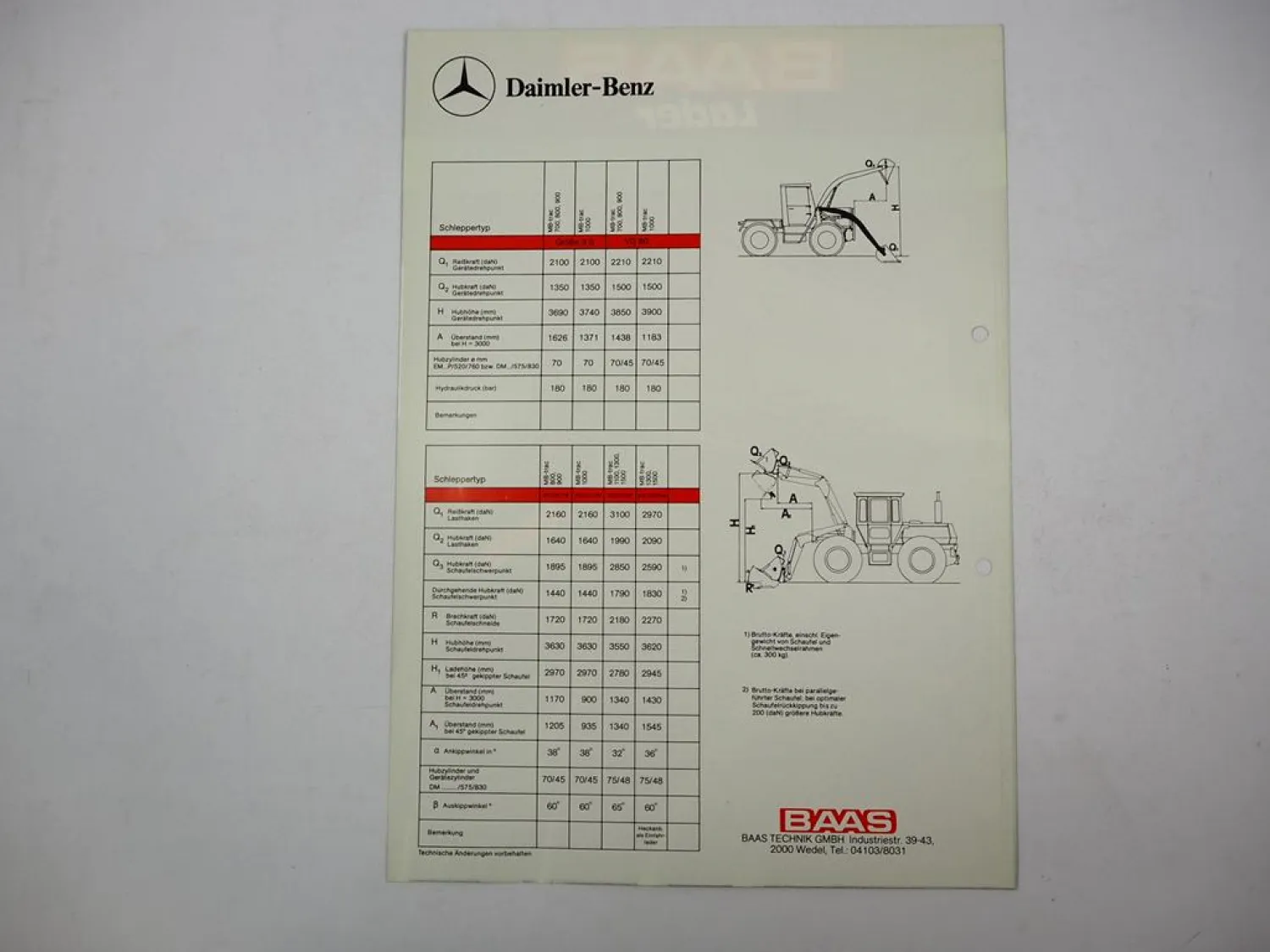 Prospekt Baas Lader Gr 3S VG 90 131.1 133 Frontlader für MB trac 700 bis 1500