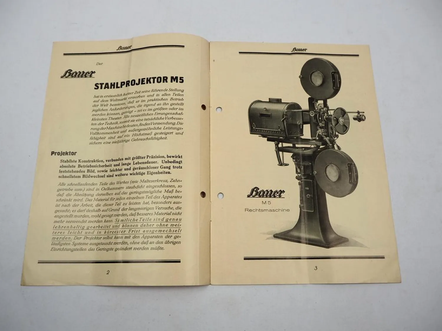 Prospekt Bauer Stahl Projektor M5 Film Kino Theater Maschine Apparat ca. 1930