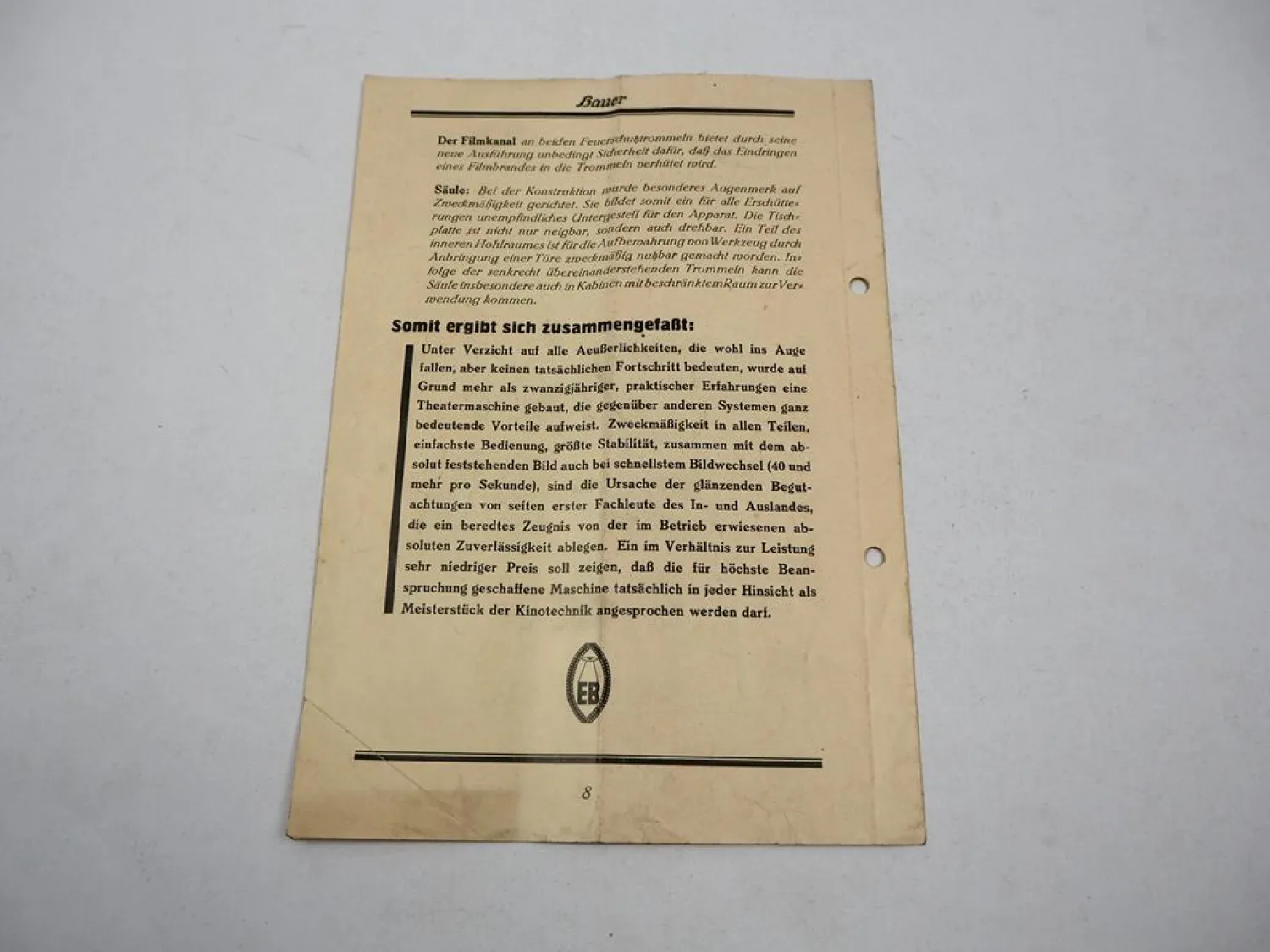 Prospekt Bauer Stahl Projektor M5 Film Kino Theater Maschine Apparat ca. 1930