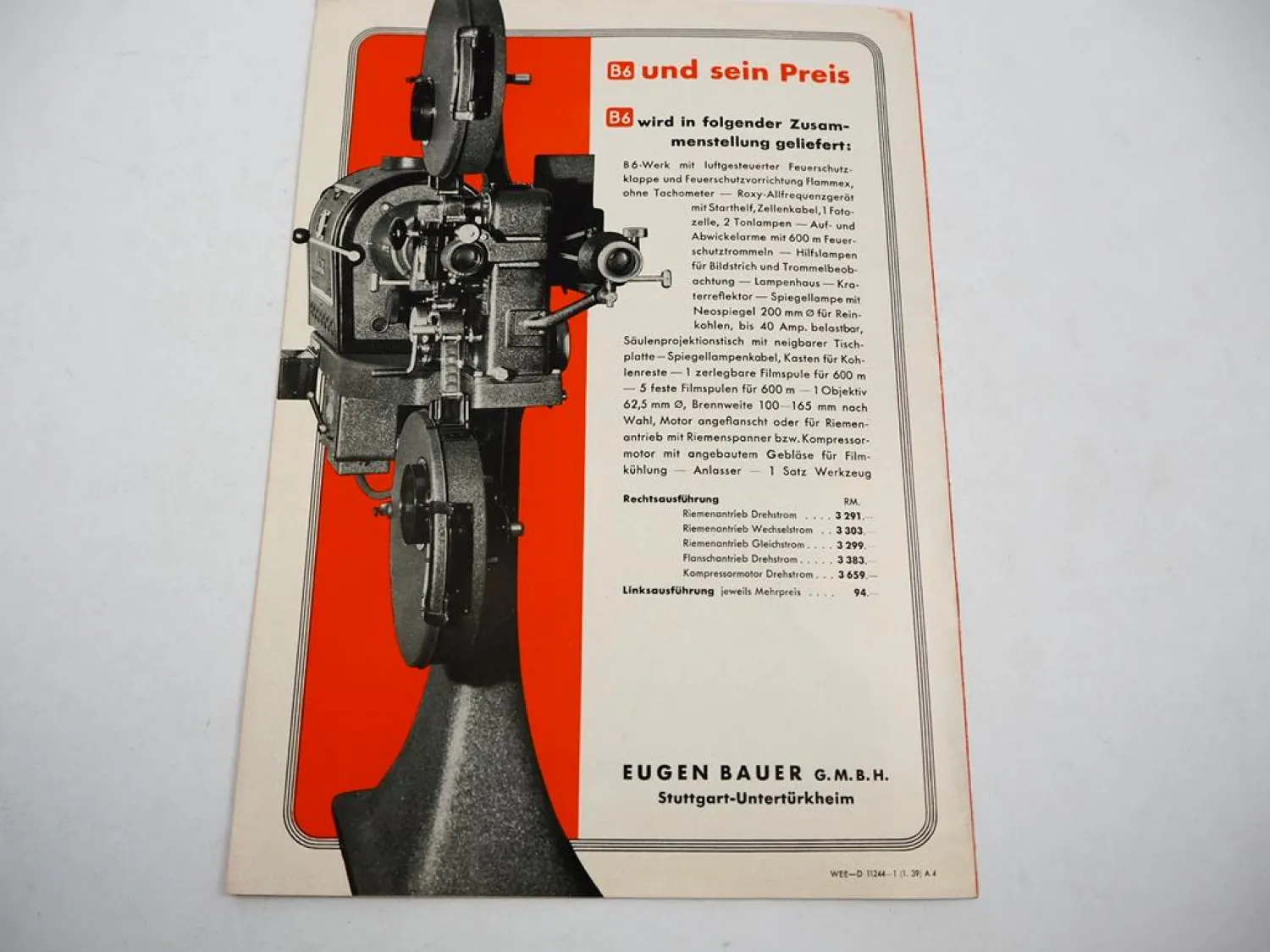 Prospekt Bauer Tonfilm Projektor B6 Film Kino Theater Maschine Apparat 1939