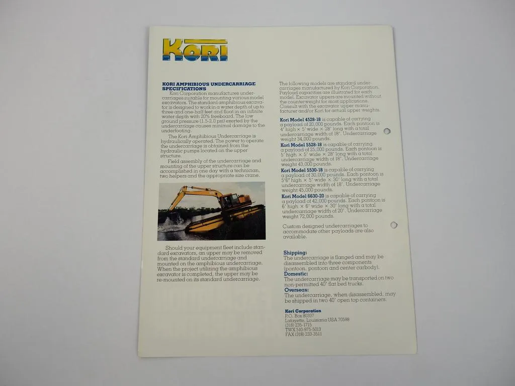 Prospekt Brochure Kori Amphibious Backhoe Amphibienbagger Schwimmbagger Engl.