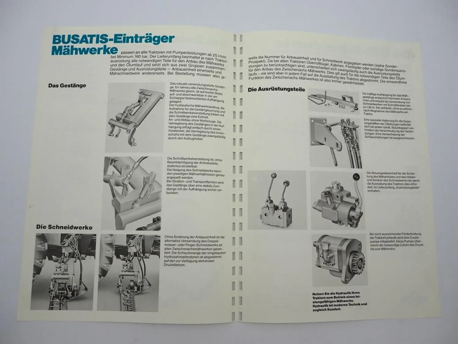 Prospekt Busatis Zwischenachs Mähwerk an Schlepper Schlüter Fendt Eicher 1982