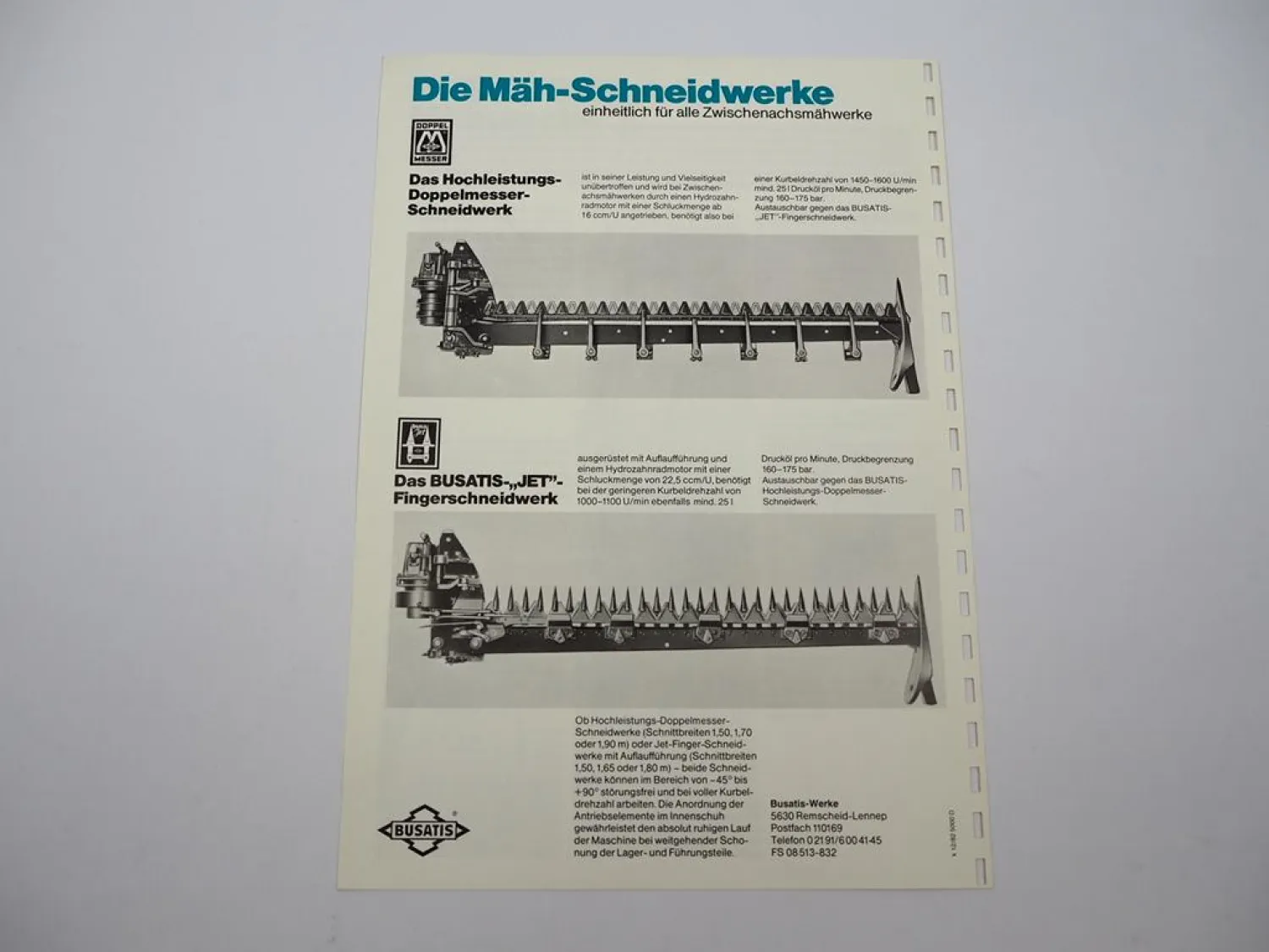 Prospekt Busatis Zwischenachs Mähwerk an Schlepper Schlüter Fendt Eicher 1982