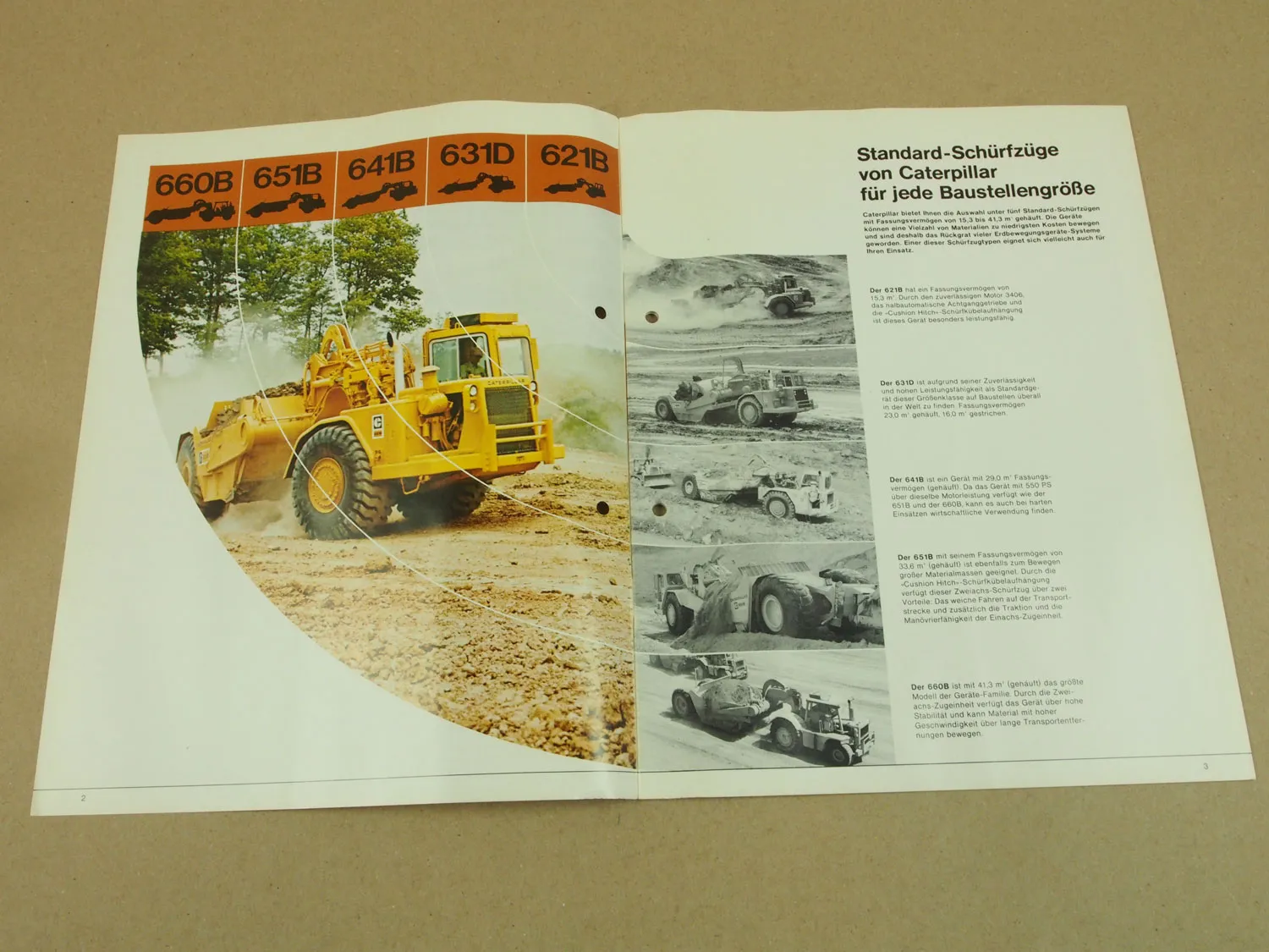 Prospekt Caterpillar 621B 631D 641B 651B 660B Schürfzüge von 1977
