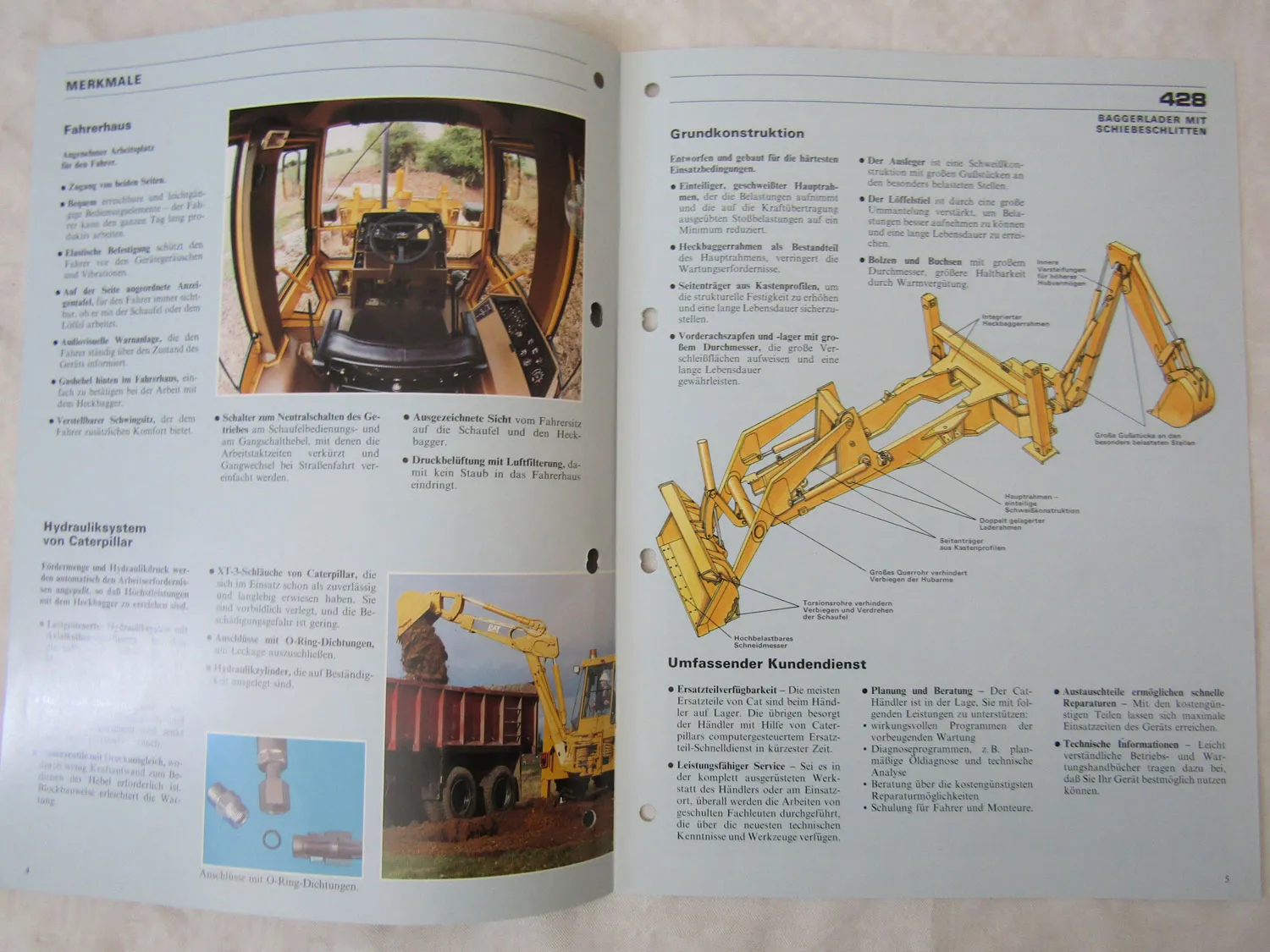Prospekt CATerpillar CAT 428 Baggerlader mit Schiebeschlitten 1989