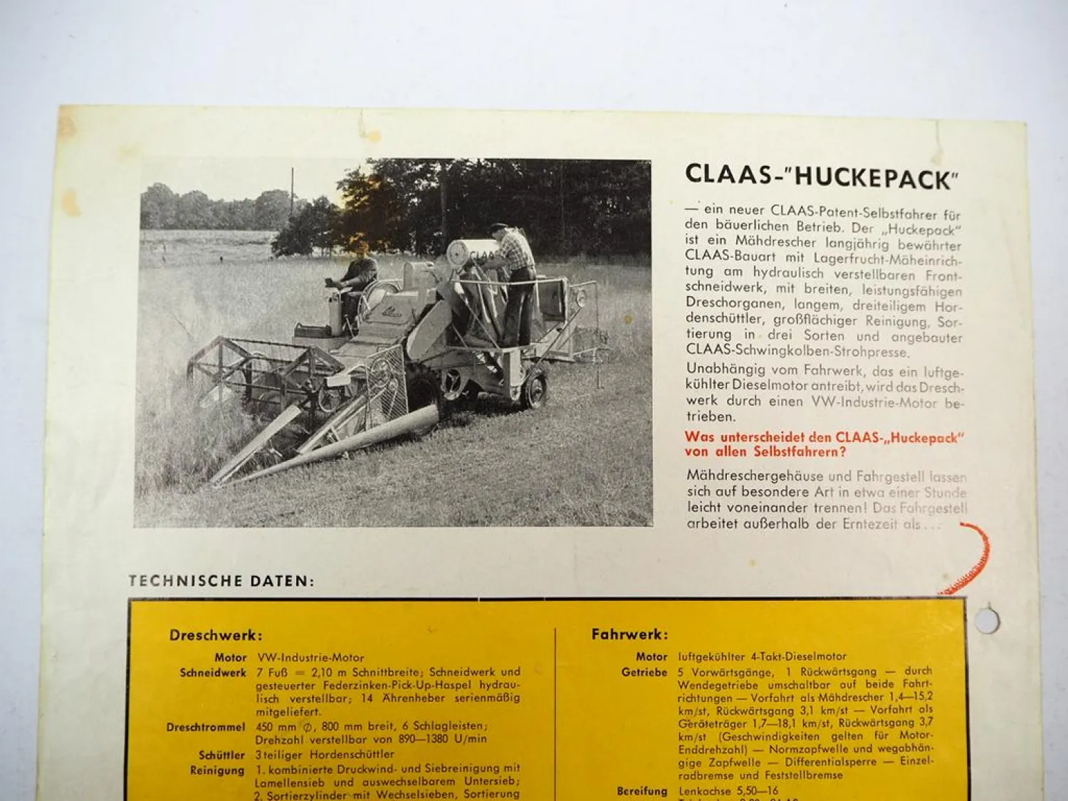 Prospekt Claas Huckepack Mähdrescher Selbstfahrer 1950er Jahre