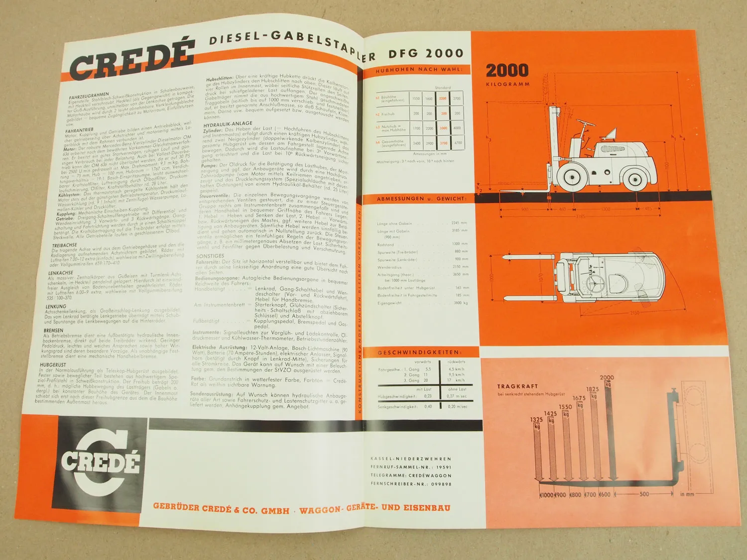 Prospekt Crede DFG2000 Gabelstapler mit Mercedes Motor OM636 wohl von 1960