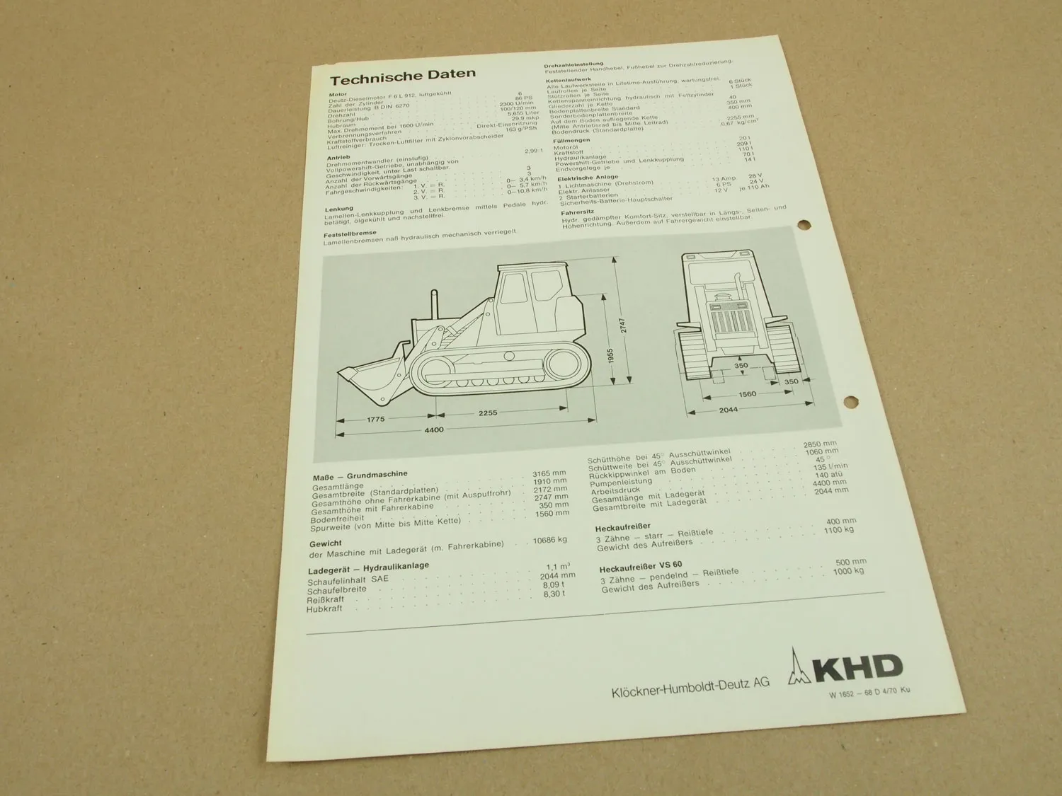 Prospekt Deutz DL900 Laderaupe 86 PS KHD mit technischen Daten von 4/1970