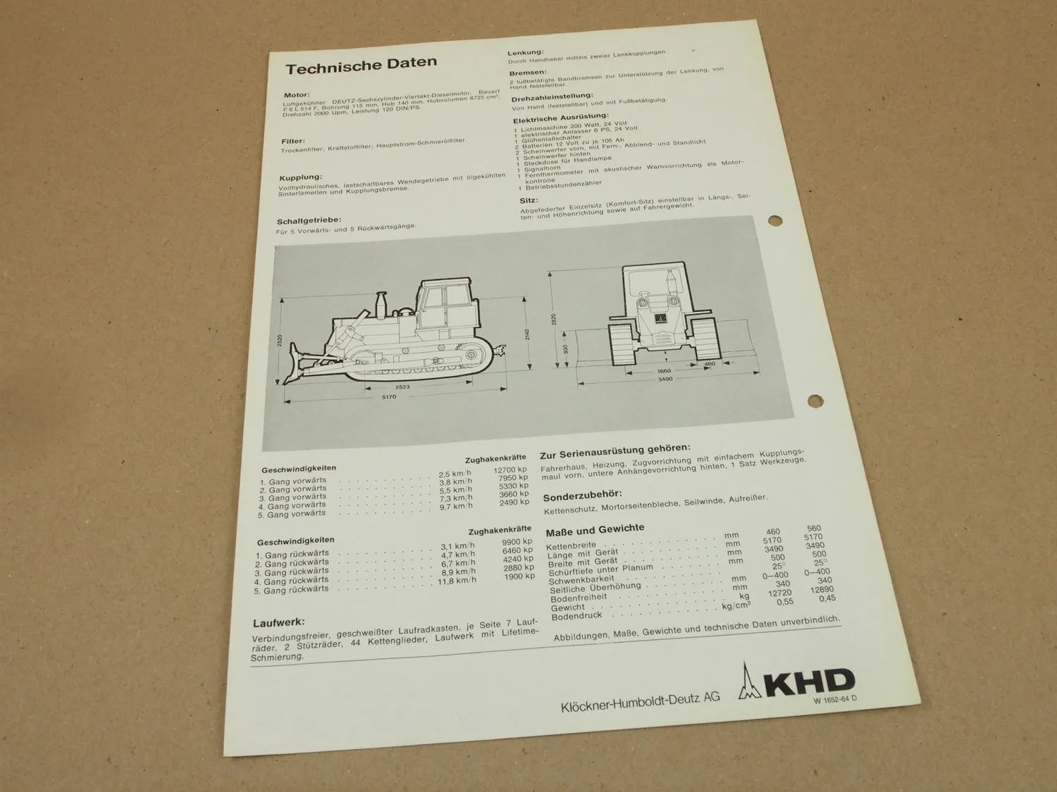 Prospekt Deutz DR1250 Planierraupe 120 PS KHD von 1964